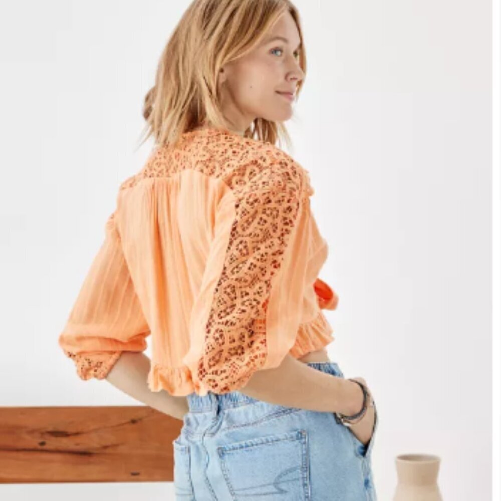 American Eagle Outfitters Medium V-Neck Lace Tie Front Orange Coral Blouse